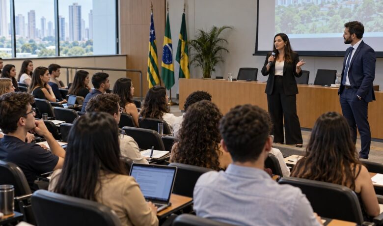 Estudantes da Escola de Negócios da UNIALFA participam de encontro sobre oportunidades de formação prática e atuação junto à Defensoria Pública do Estado de Goiás, em Goiânia.